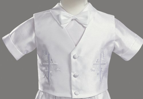 White Embroidered Shantung Chistening Baptism Vest and Short Set with Bowtie and Hat - Size S (6 Month)