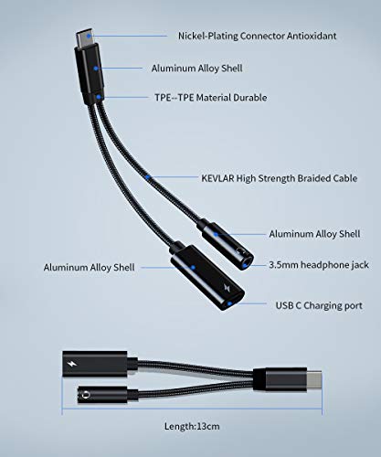 USB C to 3.5mm Headphone and Charger Adapter, 2 in 1 USB C to 3.5mm Headphone Jack Hi-Fi DAC with USB C Fast Charging Dongle Cord Compatible Galaxy S21/S21+/S20/Note 20/Note 10, Pixel 5/4/4XL/3/3XL ¡­