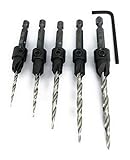 FTG Maximum Torque - 5 Piece Adjustable Wood Countersink #4, 6, 8, 10, 12 Value Set with Hex Wrench - Tapered Drill Bits Secured with Pin