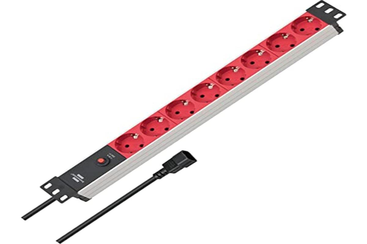 Brennenstuhl Alu-Line 8 Socket Power Strip for 19 Inch Cabinets with Automatic Circuit Breaker 10 A and 2 m Cable Silver/Red