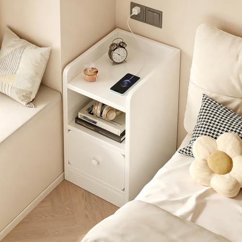 Beauenty Bedside Table Narrow Nightstand, Single Drawer Gap Bedside Cabinet, 25cm Wide Simple Night Stand for Rental Apartment, Small Bedroom, Living Room (White) (25 * 30 * 50CM)