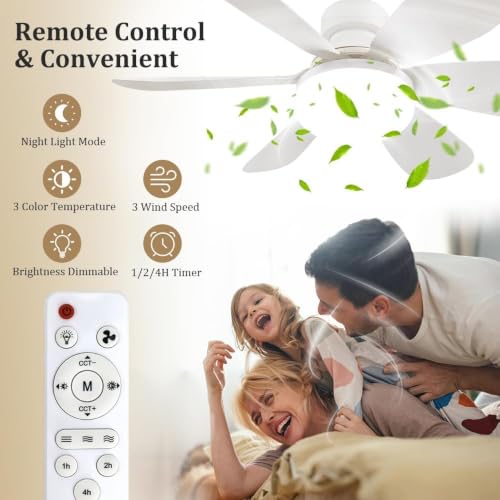 Ceiling Fan with Light and Remote Control,30W Dimmable LED Fan Lights,E27 Socket Fan Light with Remote,3 Speeds,3 Color Temperatures,Timing,3000-6000K Dimmable,Quiet DC Motor for Parlor,Bedroom
