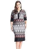 Chicwe Women's Zip V Neck Border Print Plus Size Dress 18, Black&Brick