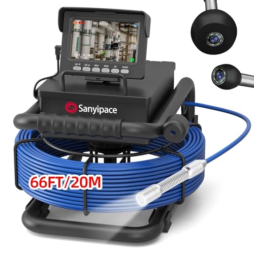 Sanyipace 20m Inspection Camera with DVR, Sewer Pipe Inspection Camera with Audio Recorder, 5600 mAh Battery, 8 Adjustable LED Lights, 32GB Card Included