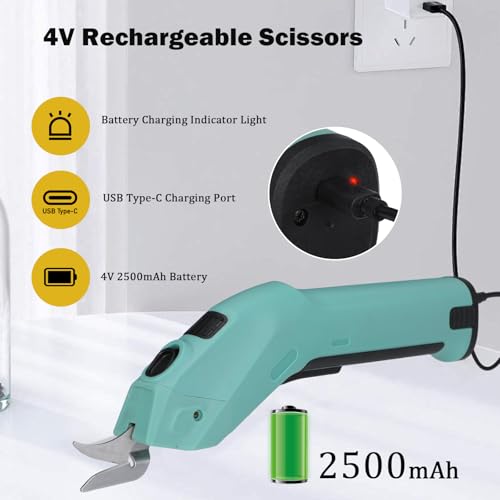 Electric Scissors, 4V Sewing Scissors, 2500mAh Electric Scissors Carton, 2 Cutting Blades For Fabric For Cardboard Leather Carpet PVC