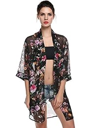 Bluetime de las mujeres 3 4 Manga Floral de la alta baja gasa Kimono Cárdigan Blusa