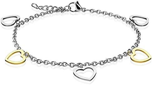 Stainless Steel Chain Anklet/Bracelet with Two Tone Heart Charms