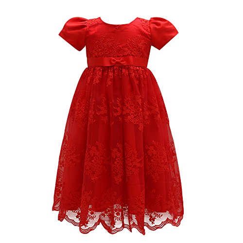 OBEEII Baby Girl Flower Embroidered Baptism Christening Dress Formal Occasion Pageant Wedding Princess Birthday Party Tutu Gown Red 6-12 Months