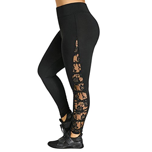 BSGSH Women’s Tummy Control Yoga Pants Crisscross Strappy See Through Lace Side Workout Running Active Leggings Plus Size (XL, Black)