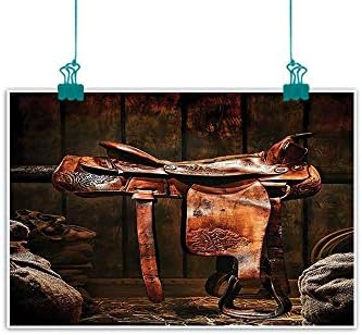 Western Decor Collection Modern Frameless Painting Rodeo Cowboy Leather Western Saddle on Wood Beam in Rustic Ranch Wood Barn Picture Bedroom Bedside Painting 28" Wx20 L Dark Brown