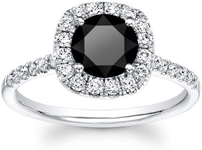 Womens 14kt white gold cushion top 1ct Round Brilliant Black diamond engagement ring 0.40 ctw G-VS2 quality diamonds