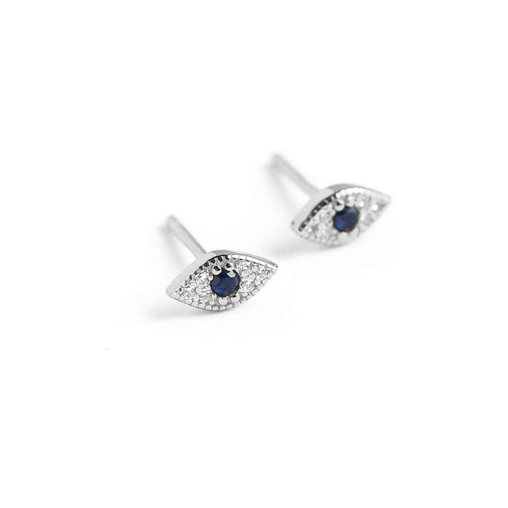 Dainty Evil Eye Mini Stud Earrings Sterling Silver Blue Crystal CZ Wedding Earring Ear Piercing Studs for Women Girls (Silver)