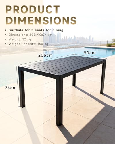 HariNorgen Outdoor Dining Table for 8 People, Aluminum Frame Garden Table with All-Weather Wood-Look Top for Garden,Lawn,Patio,205x90cm