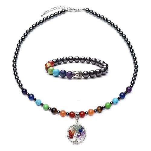 Jovivi, hematita magnética negra, 7 chakras, terapia de equilibrio y curación, cristal de energía, pulsera de cuentas elásticas y colgante de collar de árbol de la vida