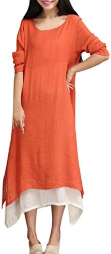 Franterd Women's Plus Size Cotton Linen Loose Dress Two Color Stitching Retro Vintage Irregular Maxi Dresses, L- 4XL (L, Orange)