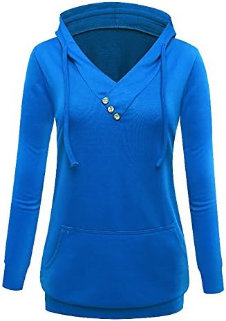 Harson Women's Sweatshirts Long Sleeve Tops Button V-Neck with Pockets Pullover Hoodies (M, Blue)