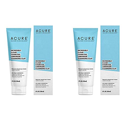 Acure Organics Incredibly Clear Charcoal Lemonade Cleansing Clay (Pack of 2) With Aloe Vera Leaf, Lemon Peel, Volcanic Ash, Charcoal Powder and Olive Fruit, 4 fl. oz. each.