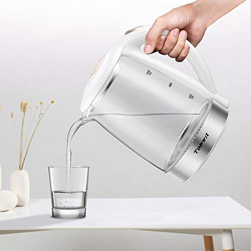 Topwit Electric Kettle Water Heater Boiler, Glass Cordless Tea Kettle 2 Liter with LED Light, Stainless Steel Inner Lid and Bottom, Fast Heating with Auto Shut-Off and Boil Dry Protection, White