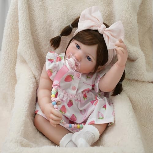 Bebê Reborn Realista Boneca Corpo de Silicone Menina Realista Corpo de Silicone Cabelo Implantado com Acessórios Original Pintada Corpo Realista Olhos Azuis Pode dar Banho 55cm (Menina Coelho 55cm)