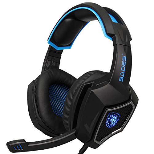 Sades SPIRITWOLF 3.5mm Version PC Over-Ear Stereo Gaming Headset Headband Headphones with Mic, Noise Reduction, Volume Control, LED Light for Computer Gamers(Black Blue)