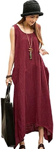 Jewelryfinds Women Casual Boho Dress Maxi Loose Long Sleeve Cotton Linen Vest Singlet Dress