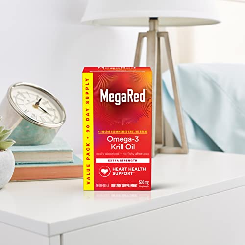 MEGARED ANTARCTIC KRILL OIL 500MG OMEGA 3 FATTY ACID SUPPLEMENT, EXTRA STRENGTH EPA & DHA KRILL OIL SOFTGELS (90CNT BOX), ASTAXANTHIN, HEART HEALTH SUPPLEMENT WITH NO FISH OIL AFTERTASTE