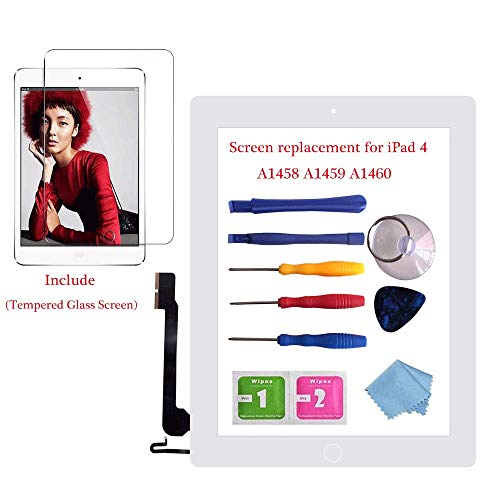 for iPad 4 Glass Touch Screen Digitizer Replacement Kit White A1458, A1459, A1460 with Home Button Flex, Adhesive Tape, Midframe Bezel, Screen Protector, Instruction Manual,and Repair Toolkit