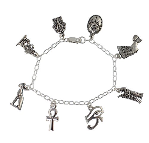 Ancient Egypt Charm Bracelet- Pewter + Sterling Silver- Ankh, King Tut, Cleopatra, Scarab (7.5" (M))