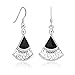 925 Sterling Silver Bali Inspired Filigree Black Onyx Gemstone Triangle Fan Dangle Earrings