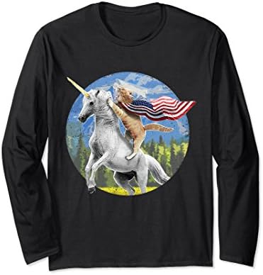 Unisex Unicorn Cat 4th of July American Flag Long Sleeve Shirt Small Black