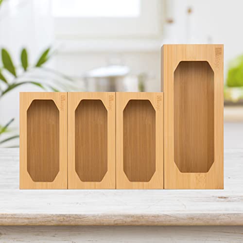 Food Storage Bag Holders, guiogc Bamboo Ziplock Bag Organizer for Drawer, Baggie Organizer Compatible with Gallon, Quart, Sandwich, Snack and Variety Size Food Bags (4 PCS)