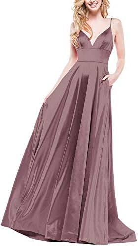 JASY Womens V-Neck Satin Long Slit Prom 