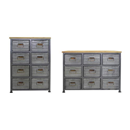 Hugh Accent Cabinet in Galvanized Gray and Rustic Brown with Eight Exposed Drawers And Solid Wood Top, by Artum Hill