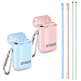 OTAGO Collapsible Reusable Straws-2 pack, Food-Grade Foldable Silicone Drinking Straw with Portable Case and Cleaning Brush, for Cold Beverage, Coffee and Smoothie.(Blue,Pink)
