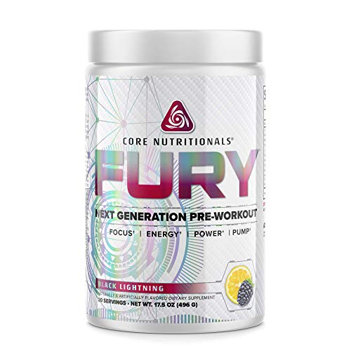 Core Nutritionals Fury Platinum Pre Workout Intensifier with 375mg Caffeine, 5G Creatine Monohydrate, 6G L-Citruline for Maximum Pump, Power, Focus and Energy, 20 Servings (Black Lightning)