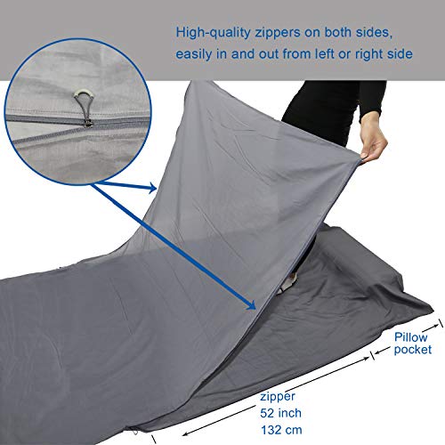 Browint Silk/Cotton Travel Sheet with Double Zippers, 87"x43" Extra Wide Sleep Sack for Hotels, Lightweight Sleeping Bag Liner for Camping, Traveler Rectangular with Pillow Pocket - Thumbnail 2