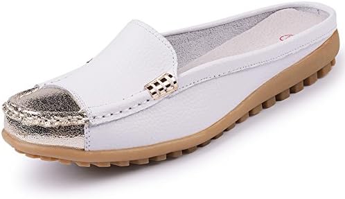 Uown Women's Slip On Driving Loafers Shoes Leather Mule Shoes Flat White 9 M US