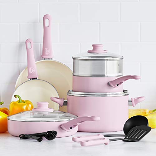 GreenLife Soft Grip Healthy Ceramic Nonstick Pink Cookware Pots and Pans Set, 12Piece Amazing