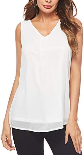 Avernon Women Casual Chiffon Blouse V-Neck Sleeveless Pleated Tank Top (S-XXL)