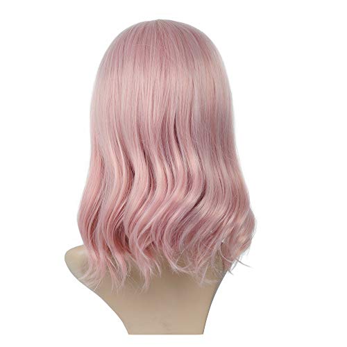 incohair 14 Inch Pink Wig Pastel Wavy Wig with Air Bangs Women Girls Short Bob Curly Wig Shoulder Length Lace Seam Synthetic Cosplay Wig Wig Cap Included