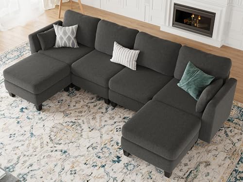 Modular Sectional Sofa, 6 Seaters Modular Sleeper Sofa Couch, Comfy Sectionals Couches Bed, Convertible Sofas with Ottomans, Sectional Couches for Living Room (Darkgray, U1)