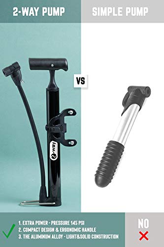 2-WAY New Bike Pump - Mini Bicycle Air Tire Pump - Suitable to Mountain, Bmx, Mtn, Fat Bike and Other Road Bikes - Also for Kid or Toddler | Repair Tire Kit Included
