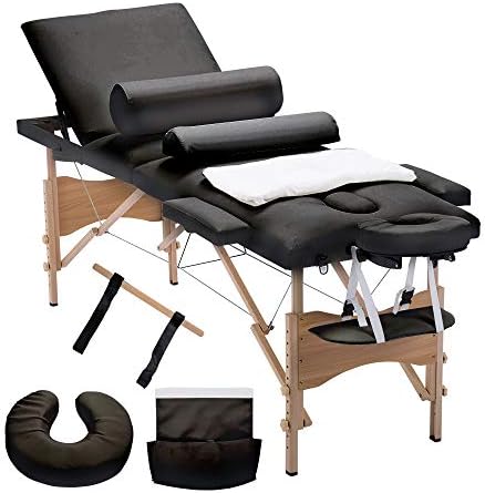 4HOMART Folding Massage Table 84'' Professional Portable 3 Fold Facial Massage Bed Salon SPA with Sheet, Cradle Cover, 2 Bolster with Backrest with Carry Case Black