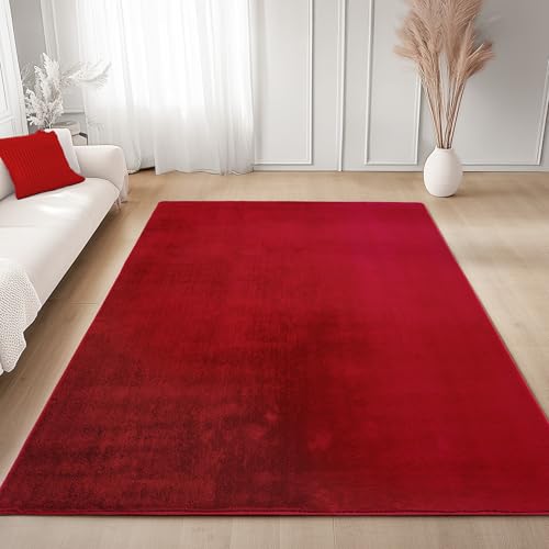 Carpettex Teppich Rot 200x280 cm- Kurzflor Teppich Waschbar, weich & rutschfest, modern einfarbiges Design für Wohnzimmer, Küche Schlafzimmer, & Kinderzimmer