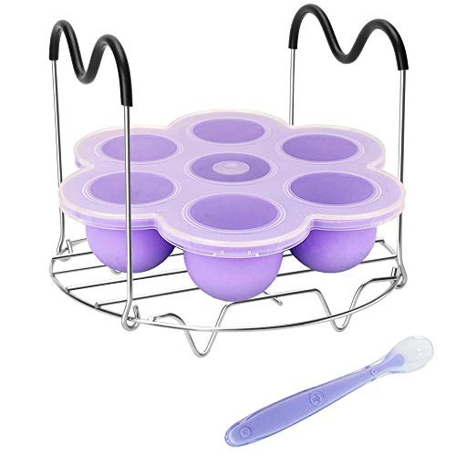 Pressure Cooker Accessories with Silicone Egg Bites Mold and Steamer Rack Trivet with Heat Resistant Handles Compatible with Instant Pot Accessories 6 Qt 8 Quart, 2 Pcs with 1 Bonus Spoon (Purple)