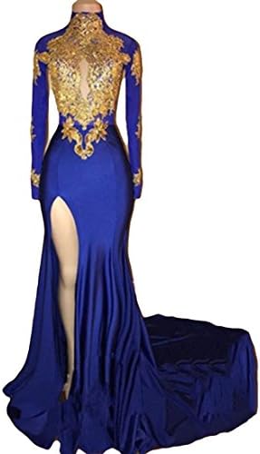 VikDressy Women's Mermaid High Neck Prom Dress 2018 with Gold Appliques Long Sleeves Evening Gowns