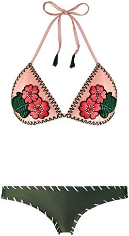 Handmade Embroidery Floral Women Neoprene Triangle Bikini Set Swimwear Swimsuit Bathing Suit (S, Army Green)
