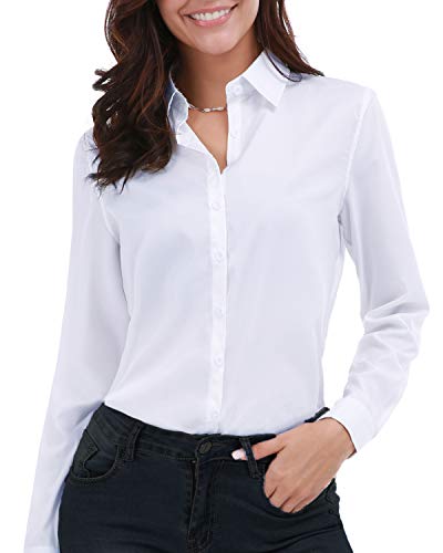 Gemolly Women's Basic Button Down Shirts Long Sleeve Plus Size Simple Cotton Stretch Formal Casual Shirt Blouse White L