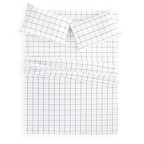 Wake In Cloud White Grid Sheet Set, 100 Washed Cotton Bedding, White
