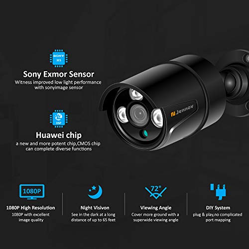 Jennov HD 1080P POE IP Security Camera Outdoor Home Surveillance Video CCTV Camera with 3.6mm Lens IR-Cut Night Vision Free Remote View App Motion Detection IP66 Weatherproof(Black)